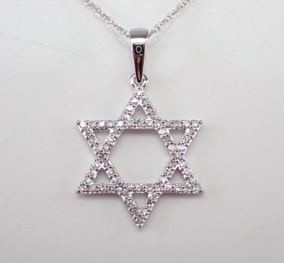 White Gold Diamond Star of David Necklace - Jewish Religious Charm Pendant and Chain - Hanukkah Bar Mitzvah Choker Slide Gift
