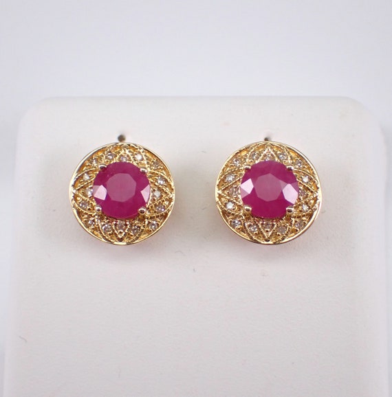 Genuine Ruby and Diamond Stud Earrings - 14K Yellow Gold Vintage Style Halo Setting - July Birthstone Fine Jewelry Gift for Her