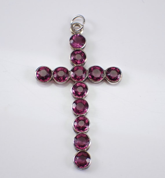 Sterling Silver Amethyst Cross Pendant Charm - Bezel Set Large Gemstone Crucifix - Unique Simple Religious Gift