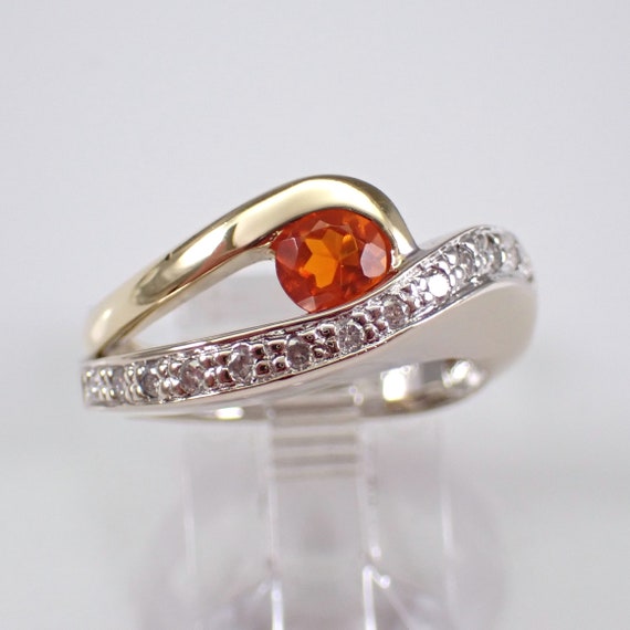 Fire Opal and Diamond Ring - 18K Two Tone Gold Wedding Anniversary Band - Unique Estate Fine Jewelry Gift