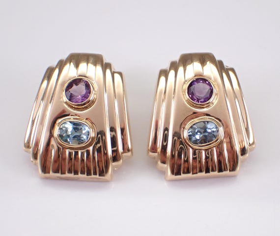 Vintage 14k Yellow Gold Gemstone Earrings - Colorful Amethyst and Blue Topaz Gems - Unique Estate Fine Jewelry Gift