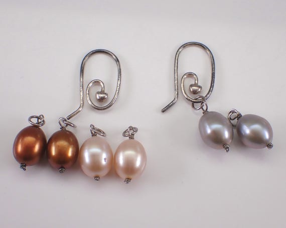 Vintage Sterling Silver Charm Earrings, Multi Color Pearl Drops, Unique Everyday Jewelry Gift