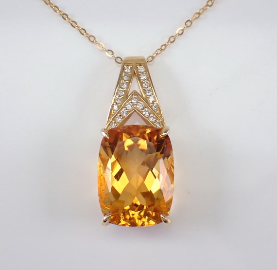 Large Cushion Cut Citrine Necklace, Genuine Diamond Gemstone Pendant Setting, Solid 14K Yellow Gold Charm and Chain