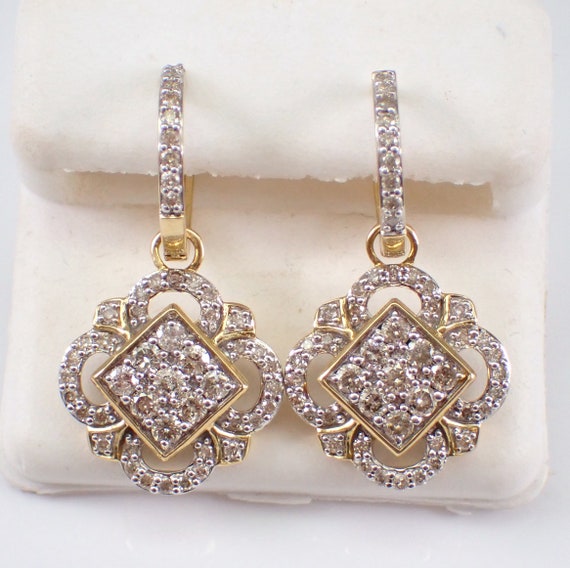 Diamond Dangle Charm Earrings - Yellow Gold Cluster Fine Jewelry - Detachable Drop and Hoops