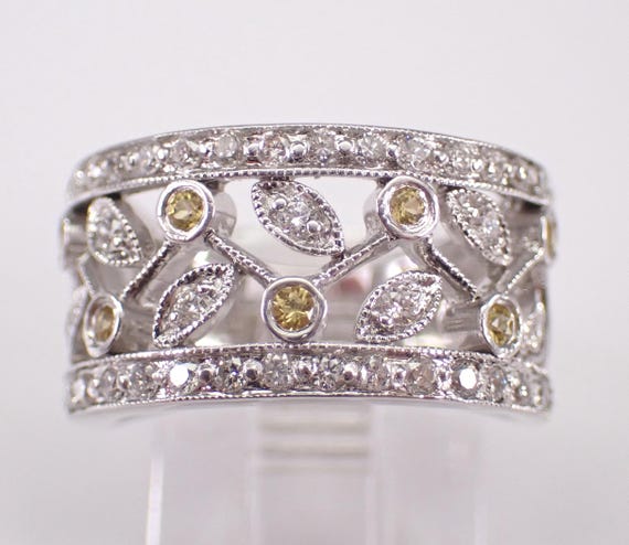 14K White Gold Diamond Anniversary Band - Yellow Sapphire Cigar Wedding Ring