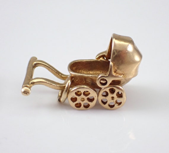 Vintage Baby Stoller Charm - Solid 14K Yellow Gold Pram Buggy Pendant with Moving Wheels and Shade