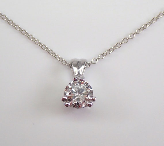 Genuine Round Diamond Solitaire Pendant - Prong Set Brilliant Choker Necklace and Chain - Solid 14K White Gold Jewelry