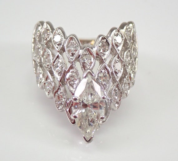 14K White Gold Diamond Engagement Ring - Vintage Estate Chevron Setting - Antique Bridal Jewelry Gift