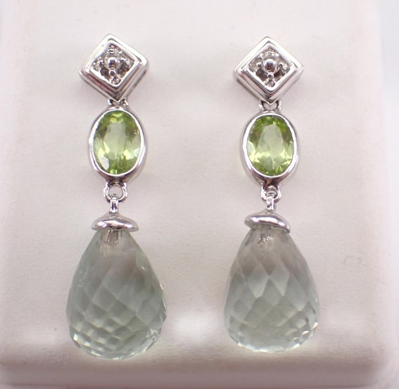 14K White Gold Briolette Prasiolite Earrings, Unique Dangle Peridot Drops