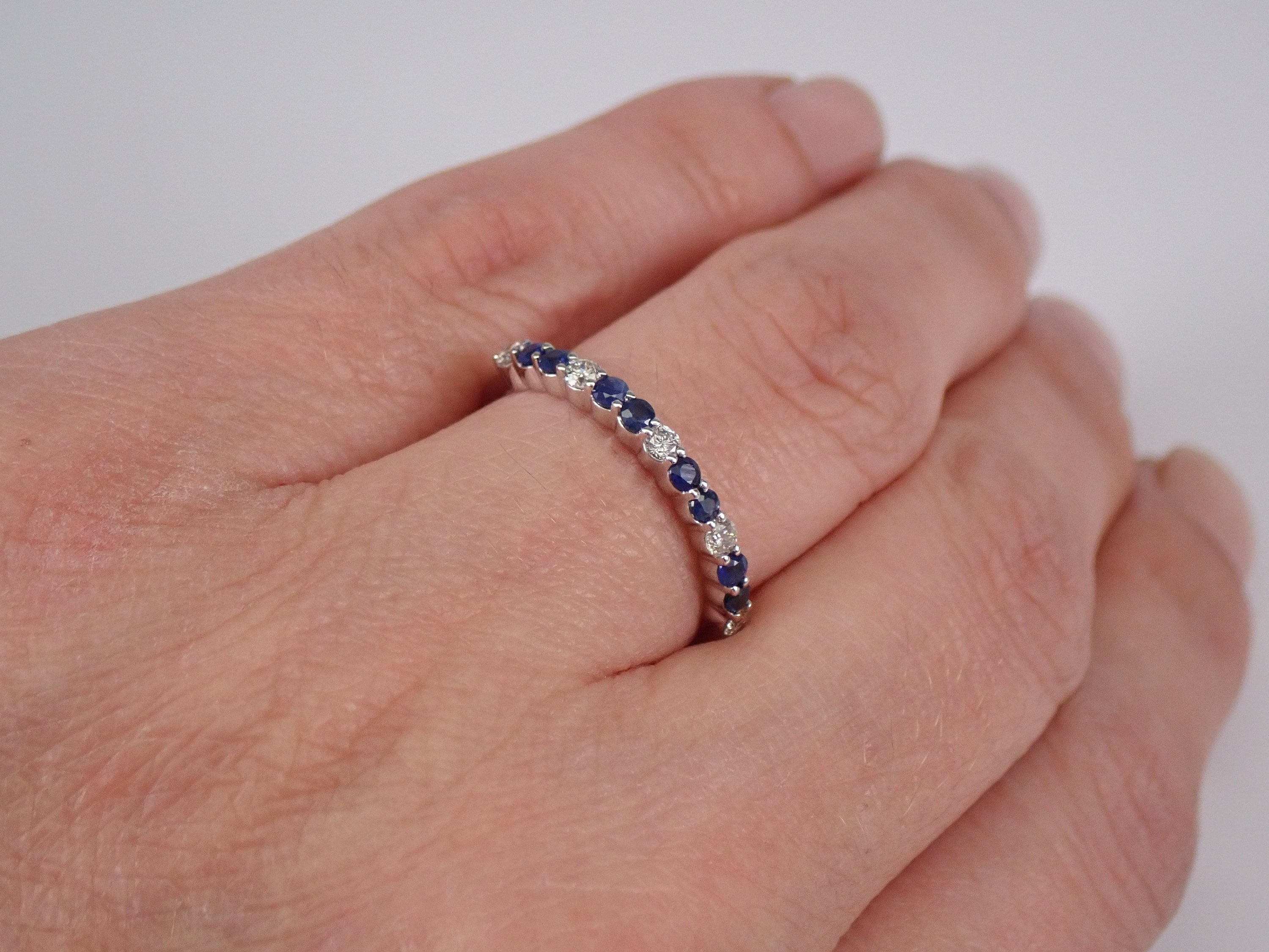 Diamond and Sapphire Wedding Ring Anniversary Band White Gold Size 7