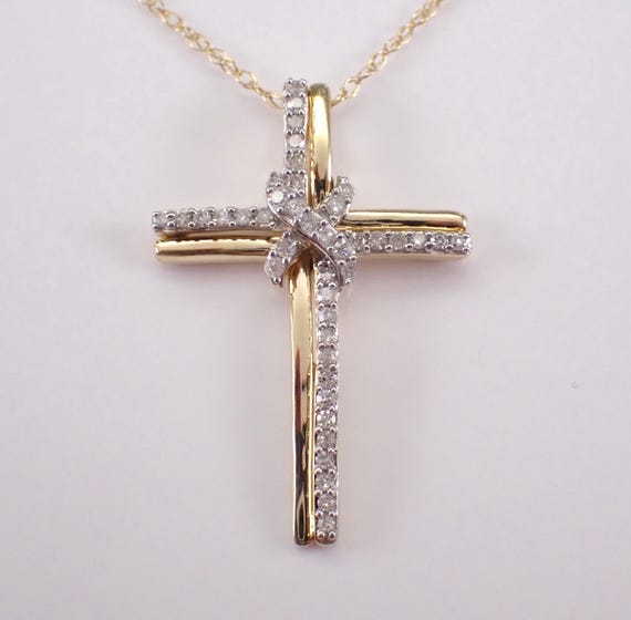 Yellow Gold Diamond Cross Pendant, Religious Charm Necklace and Chain, Crossover Knot Crucifix Drop