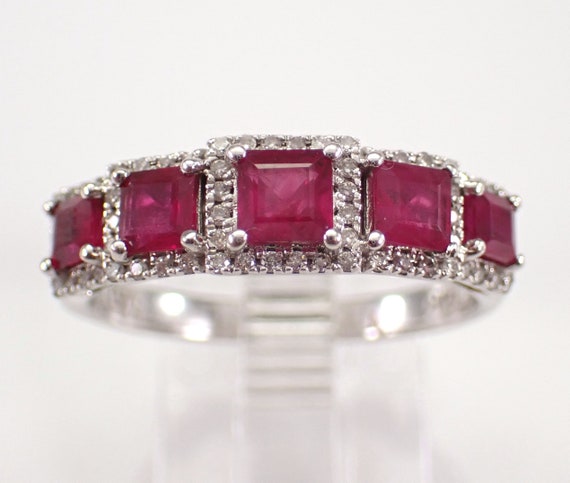 14K White Gold Ruby Wedding Ring - Diamond Halo Anniversary Band - Square Princess Cut Gemstone Bridal Jewelry Gift