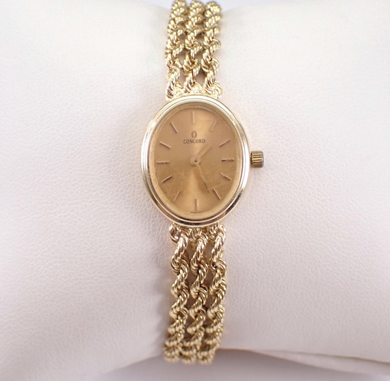 Vintage 14K Yellow Gold CONCORD Watch - Dainty Antique Wristwatch Jewelry Gift - Triple Strand Rope Chain Bracelet