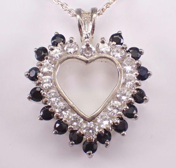 Vintage Sterling Silver Heart Charm Necklace: Sapphire Charm Pendant and Chain
