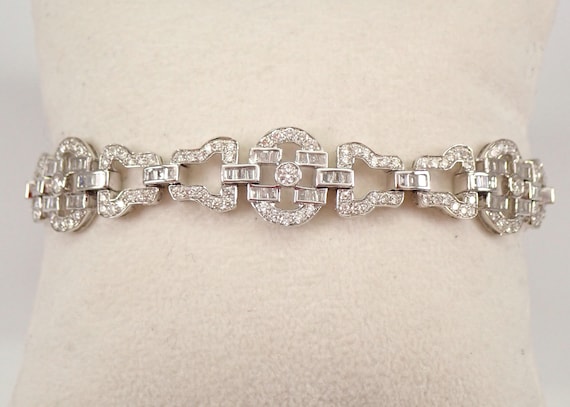 Vintage 18K White Gold Diamond Statement Bracelet - Unique Wide Estate Tennis Bracelet - Art Deco Style Fine Jewelry