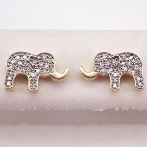 Diamond Elephant Stud Earrings - Yellow Gold Pave Studs - Dainty Good Luck Fine Jewelry Gift