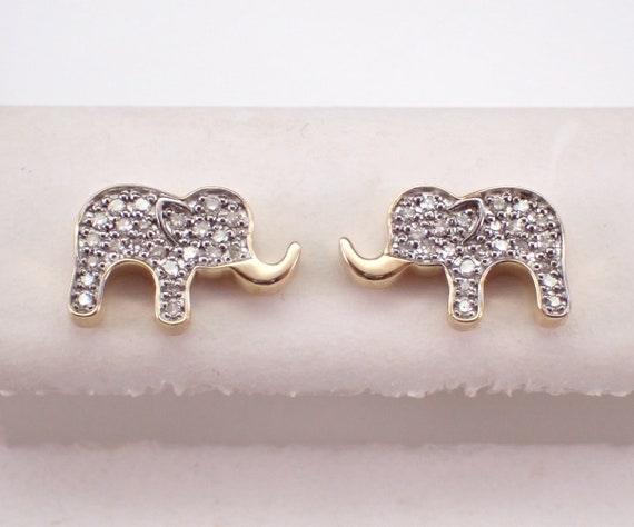 Diamond Elephant Stud Earrings - Yellow Gold Pave Studs - Dainty Good Luck Fine Jewelry Gift