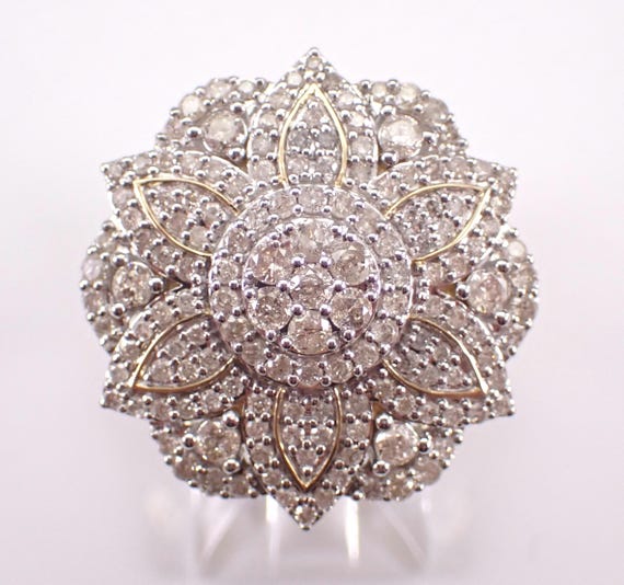 Yellow Gold Diamond Flower Ring - Large Two Tone Cluster Anniversary Band - GalaxyGems Fine Jewelry Gift