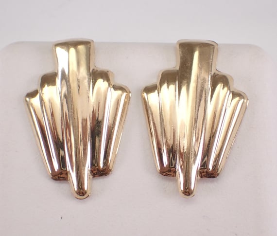 Vintage 14K Yellow Gold Stud Earrings: Unique Dainty Art Deco Fan Style Studs