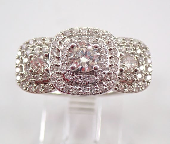 14K White Gold Diamond Engagement Ring - Three Stone Double Halo Setting - Cluster Past Present Future Jewelry Gift