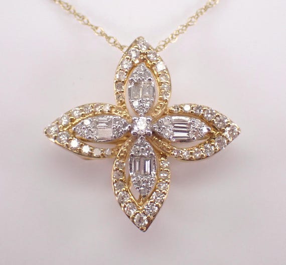 Yellow Gold Diamond Pendant and Chain - Clover Cluster Snowflake Necklace - Unique Two Tone Choker Charm Slide