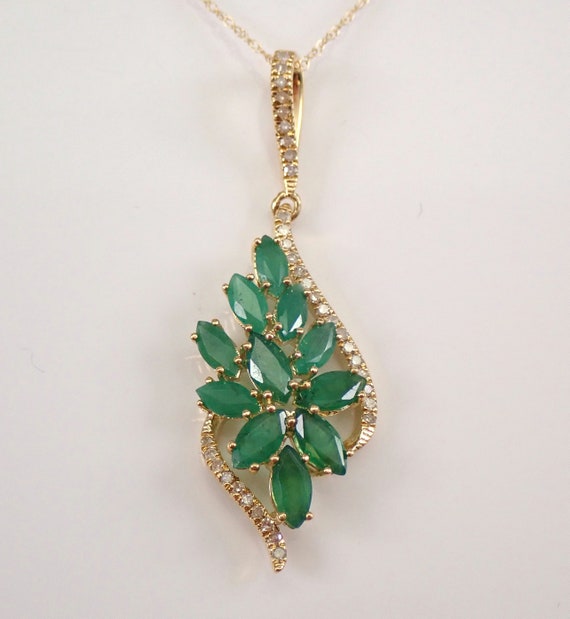 Yellow Gold Diamond and Emerald Drop Pendant Cluster Necklace 18" Chain May Gemstone