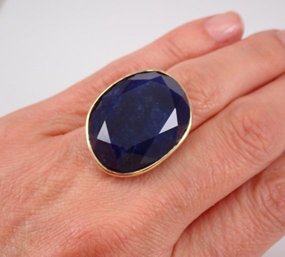 Genuine Sodalite Solitaire Ring, Solid Yellow Gold Bezel Set Large Gemstone Ring