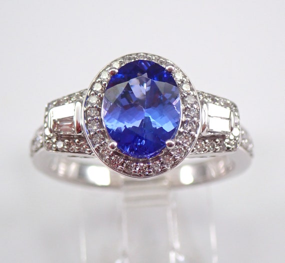 Genuine Tanzanite and Diamond Ring, 14K White Gold Halo Engagement Ring, Purple Oval Gemstone Fine Jewelry