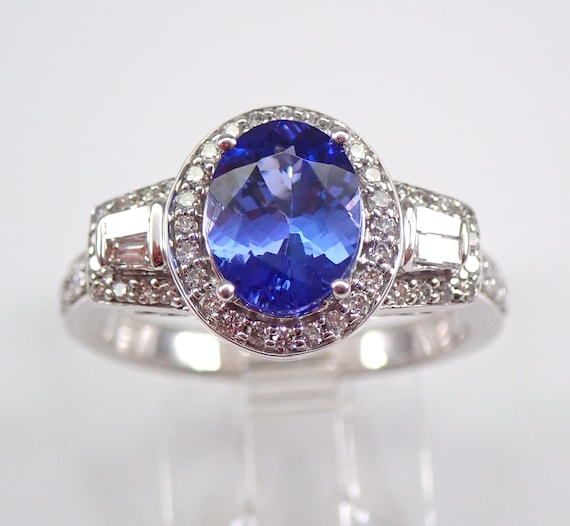14K White Gold Tanzanite Ring, Diamond Halo Engagement Setting, Purple Gemstone Fine Jewelry Gift