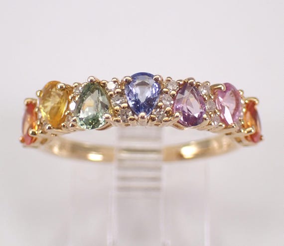 14K Yellow Gold Multi Color Sapphire Ring - Stacking Diamond Wedding Anniversary Band - Pink Green Orange Purple Gemstone Jewelry