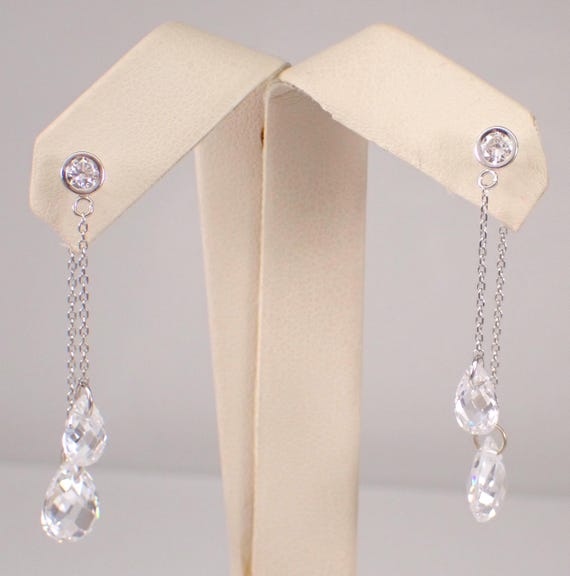 Estate 14K White Gold Dangle Earrings: Dainty Unique Cubic Zirconia Briolette Drops