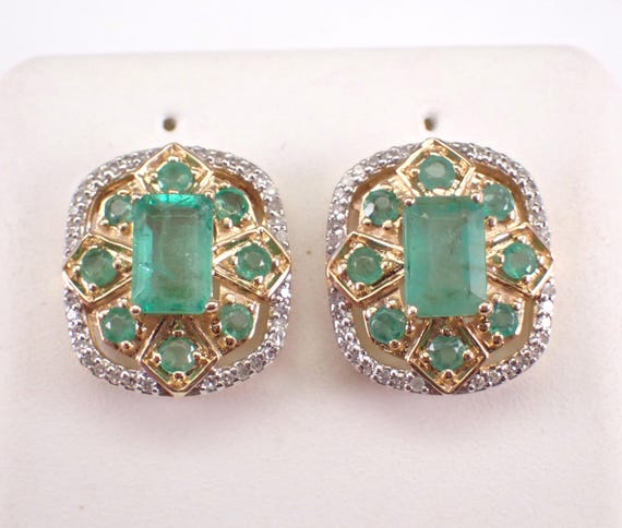 14K Yellow Gold Emerald Stud Earrings - Diamond Halo Cluster Studs - May Birthstone Fine Jewelry Gift