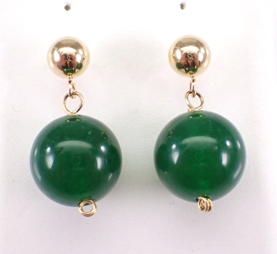 14K Yellow Gold Jade Earrings - Dangle Gemstone Bead and Ball Stud - Green Healing Dainty Jewelry Gift