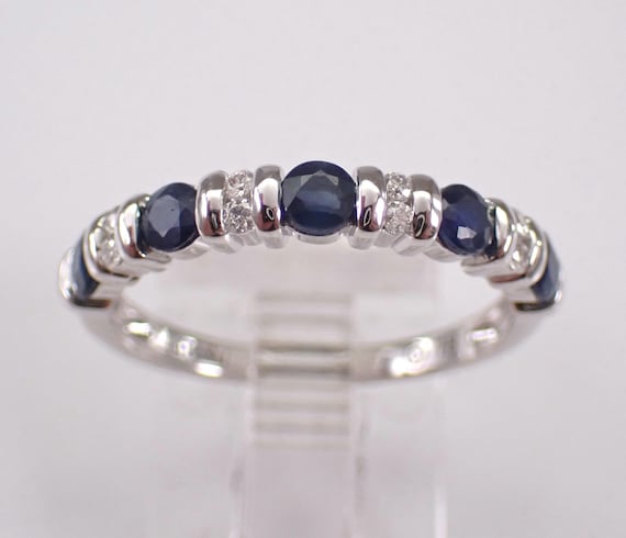 Sapphire and Diamond Wedding Ring - 14K White Gold Gemstone Stackable Band - Anniversary Birthstone Jewelry Gift