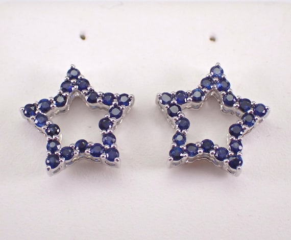 White Gold Sapphire Star Earrings - Dainty Gemstone Screwback Studs - Small Birthday Fine Jewelry Gift
