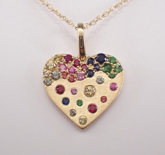 Yellow Gold Multi Color Sapphire Heart Pendant Necklace: Dainty Gemstone Charm and Choker Chain