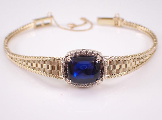 14K Yellow Gold Sapphire and Diamond Bracelet - Vintage Estate Mesh Station Watch Link - GalaxyGems Fine Jewelry Gift
