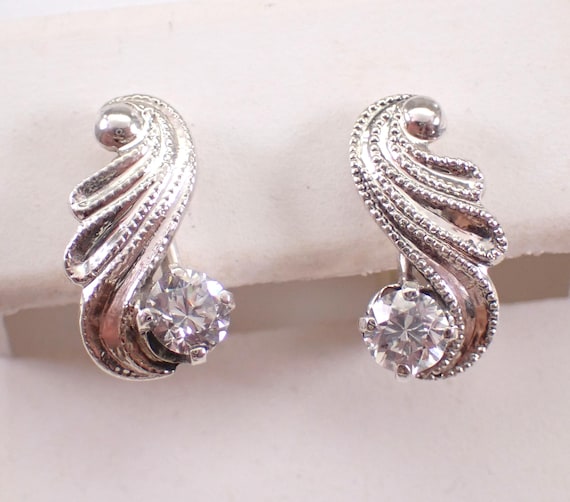 Vintage Sterling Silver Earrings, Antique Cubic Zirconia Teardrop Drops, Unique Estate CZ Jewelry Gift