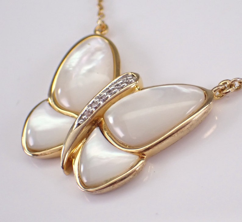 Mother of Pearl Butterfly Station Necklace Yellow Gold Charm Pendant