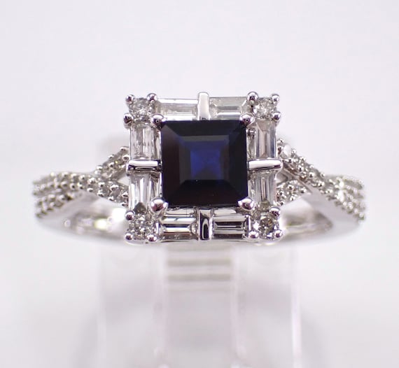 Sapphire and Diamond Engagement Ring - White Gold Square Baguette Halo Setting - Gemstone Promise Fine Jewelry Gift