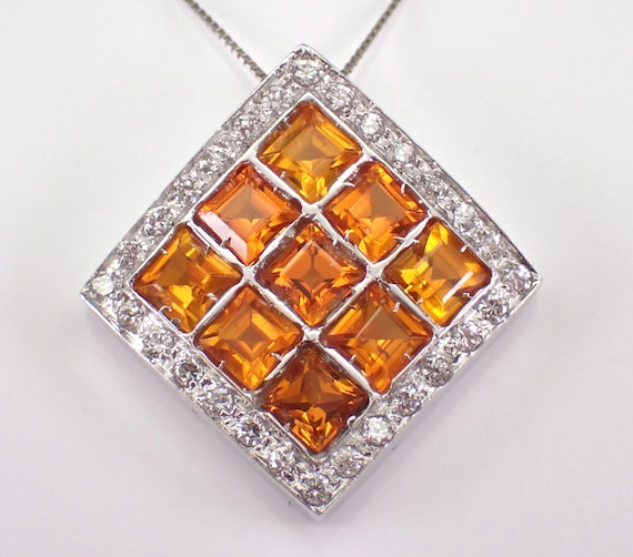 18K White Gold Citrine and Sapphire Pendant and Chain: Unique Square Charm Slide Necklace