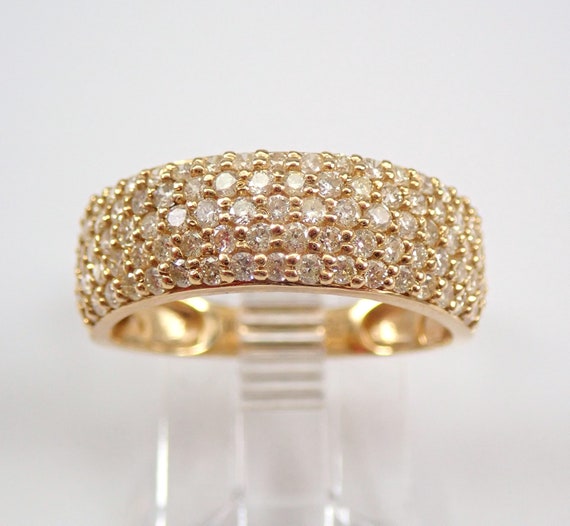 Domed Yellow Diamond Wedding Band - Solid 10K Gold Pave Set Wide Anniversary Ring - Bridal Stackable Fine Jewelry