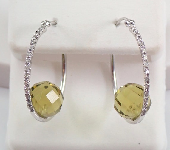 14K White Gold Diamond Hoop Earrings, Unique Dangle Lime Quartz Briolette Bead Drops
