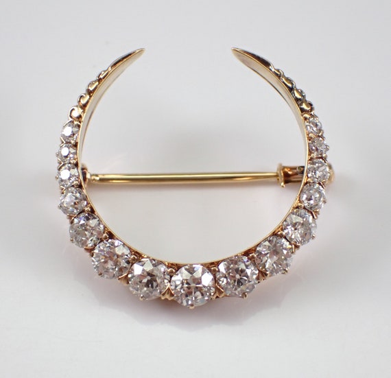 Antique Old Miner Diamond Crescent Moon Brooch - 14K Yellow Gold Horseshoe Pin - 20s Victorian Fine Jewelry