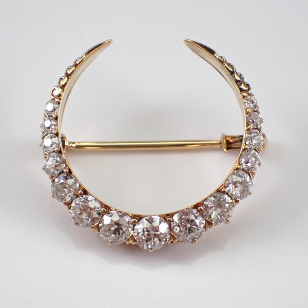 Antique Old Miner Diamond Crescent Moon Brooch - 14K Yellow Gold Horseshoe Pin - 20s Victorian Fine Jewelry