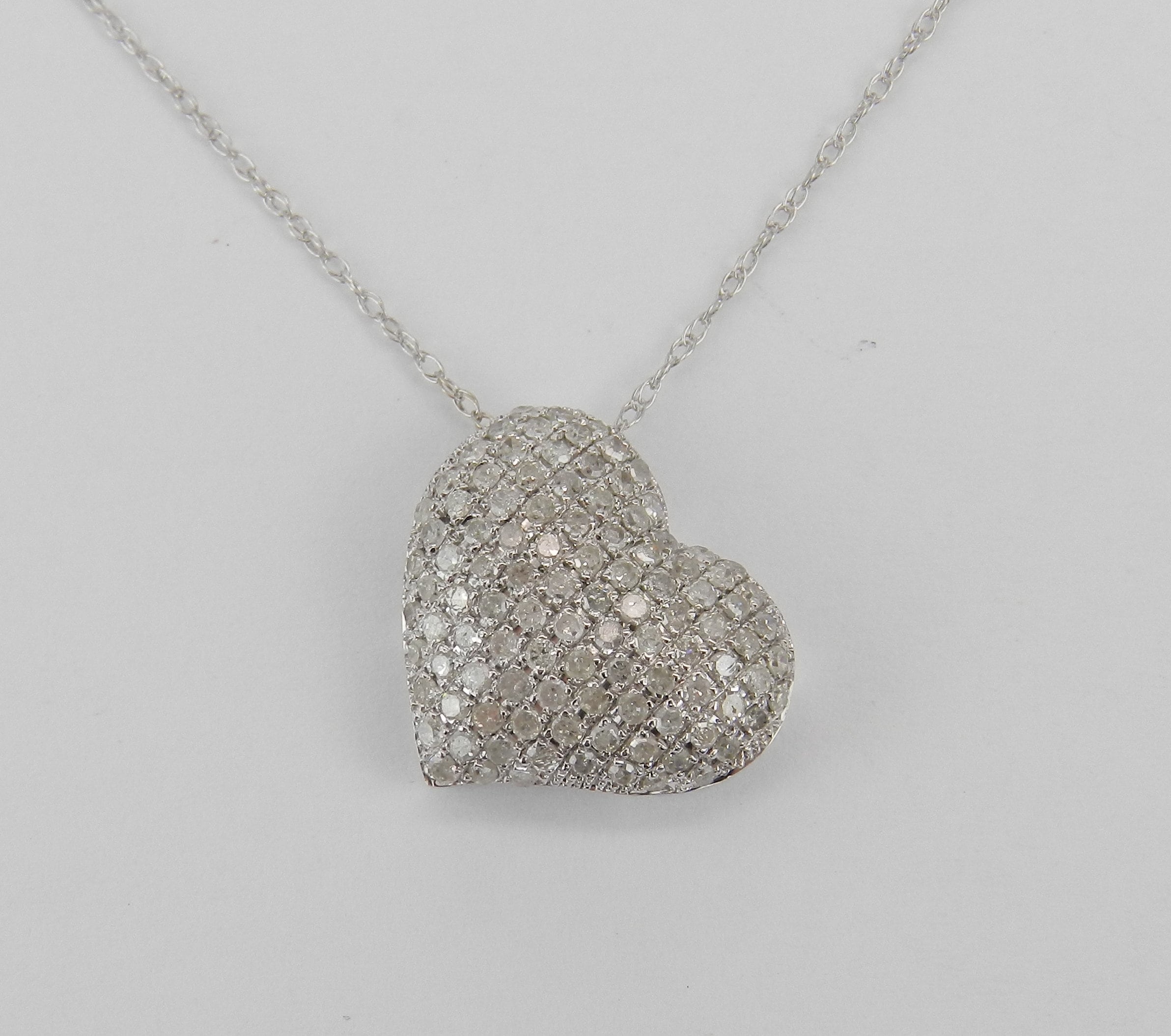 Diamond Heart Necklace, Puffy Diamond Heart, White Gold Pendant and
