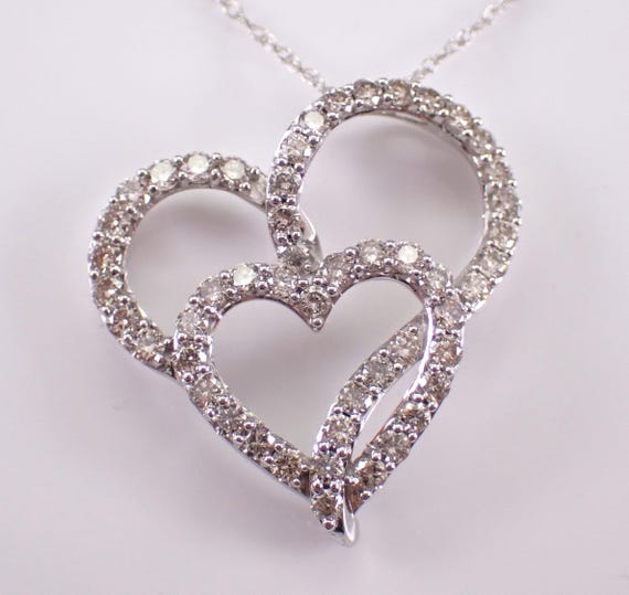 White Gold Diamond Heart Necklace: Interlocking Charm Pendant Choker Chain