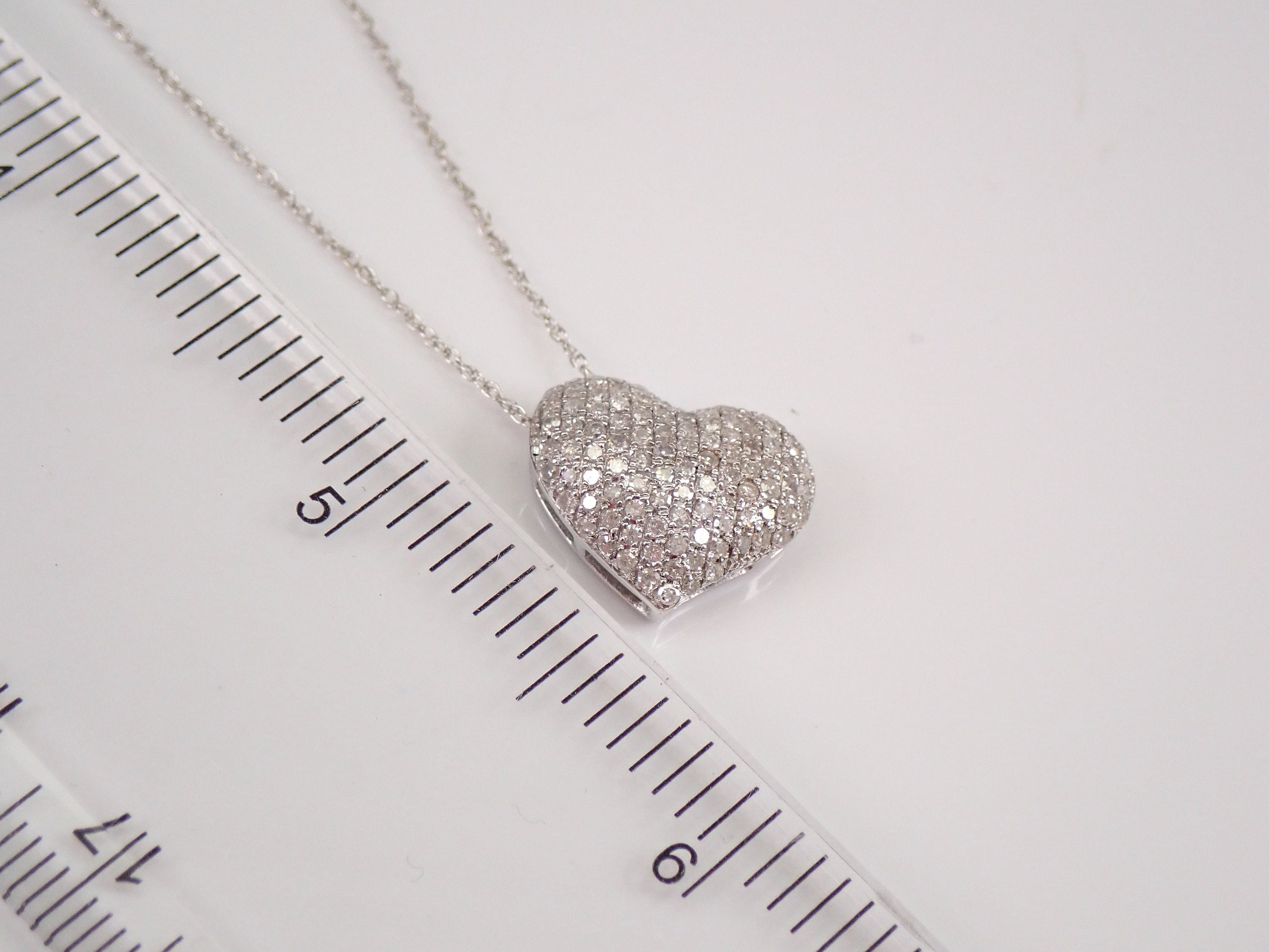 14K White Gold Diamond Heart Pendant Necklace 18 Chain Pave Set