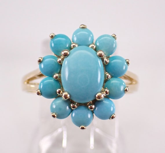 14K Yellow Gold Turquoise Ring - Gemstone Flower Cluster Setting - Estate Fine Jewelry Gift