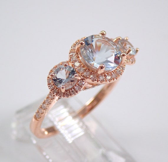Three Stone Aquamarine Engagement Ring, Diamond Halo Bridal Setting, 14K Rose Gold March Gemstone Fine Jewelry